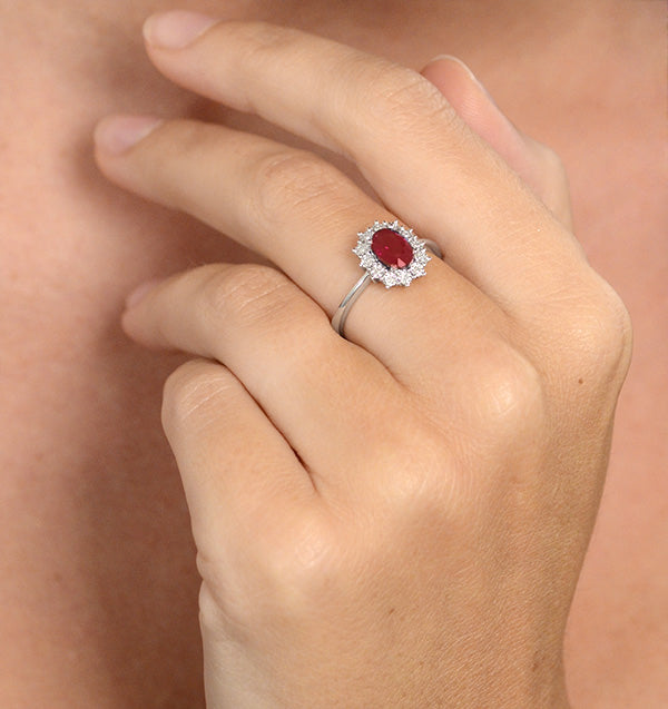Ruby Ring With Lab Diamond Halo 7 x 5mm Set in 925 Silver